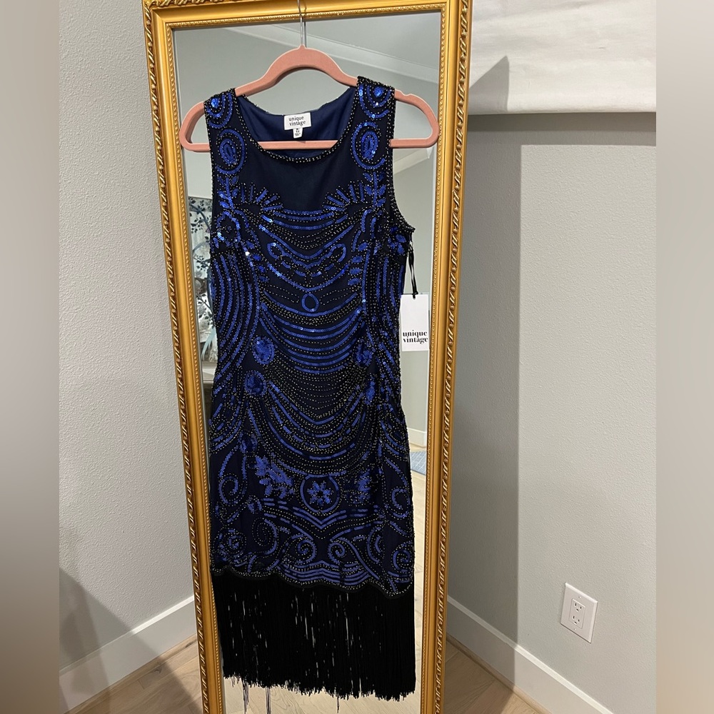 Unique Vintage Black and Royal Blue Beaded Flapper Midi Dress
